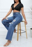 Deep Blue Casual Solid Ripped Patchwork High Waist Straight Denim Jeans