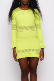 Yellow Street Solid Hollowed Out Patchwork O Neck Long Sleeve Dresses