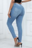 Голубые повседневные однотонные рваные джинсы скинни с высокой талией в стиле пэчворк