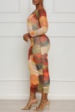 Veelkleurige casual print Basic O-hals jurken met lange mouwen