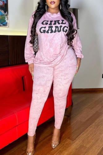 Pink Casual Letter Print Basic O Neck Long Sleeve Two Pieces