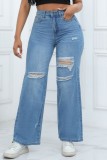 Azul profundo casual sólido rasgado retalhos cintura alta jeans reto