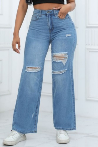 Azul claro casual sólido rasgado patchwork cintura alta jeans reto