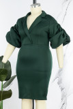 Ink Green Casual Solid Patchwork V Neck Wrapped Skirt Plus Size Dresses