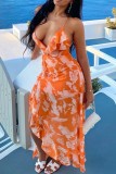 Oranje sexy print bandage backless v-hals sling-jurkjurken