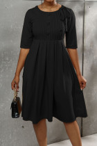 Schwarze, lässige, elegante, solide Patchwork-Knöpfe mit Schleife, O-Ausschnitt, A-Linien-Kleider