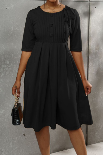 Schwarze, lässige, elegante, solide Patchwork-Knöpfe mit Schleife, O-Ausschnitt, A-Linien-Kleider
