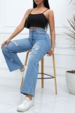 Deep Blue Casual Solid Patchwork High Waist Straight Wide Leg Ripped Denim Jeans