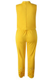 Yellow Casual Solid Hollowed Out Half A Turtleneck Sleeveless Two Pieces