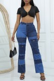 Blue Casual Patchwork Contrast High Waist Regular Baggy Wide Leg Cargo Denim Jeans