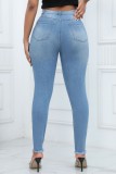 Hellblaue, lässige, feste, zerrissene Patchwork-Jeans mit hoher Taille