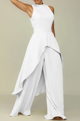 White Elegant Solid Patchwork Pleated Halter Long Sleeve Two Pieces