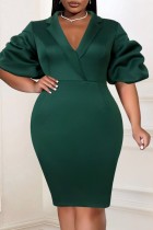 Tinta verde casual sólido patchwork com decote em V saia enrolada vestidos plus size