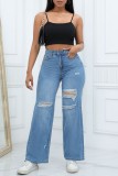 Light Blue Casual Solid Patchwork High Waist Straight Wide Leg Ripped Denim Jeans