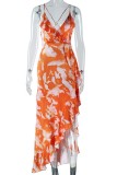 Orange Sexy Print Bandage Backless V Neck Sling Dress Dresses