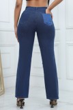 Blue Casual Patchwork Contrast High Waist Regular Denim Jeans