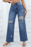 Light Blue Casual Solid Patchwork High Waist Straight Wide Leg Ripped Denim Jeans