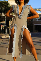 Camel Street Solide Patchwork-lange Kleider mit hoher Öffnung und V-Ausschnitt