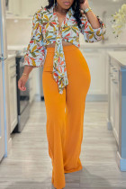 Yellow Elegant Floral Tropical Print Bandage Patchwork V Neck Long Sleeve Two Pieces Front Tie Crop Blouse Tops And Pants Sets