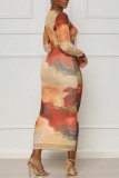 Veelkleurige casual print Basic O-hals jurken met lange mouwen