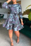 Green Casual Camouflage Print Patchwork O Neck Long Sleeve Dresses