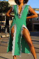 Groene straat effen patchwork hoge opening V-hals lange jurk jurken