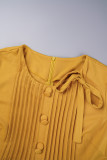Purpurrote, lässige, elegante, solide Patchwork-Knöpfe mit Schleife, O-Ausschnitt, A-Linien-Kleider