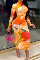 Orange Casual Print Basic långärmade klänningar med turtleneck