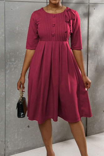 Purplish Red Casual Elegant Solid Patchwork Buttons With Bow O Neck A Line Dresses