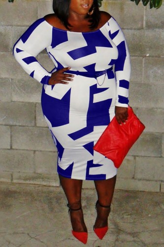 Blue White Casual Print Basic O Neck Long Sleeve Plus Size Dresses (Without Belt)