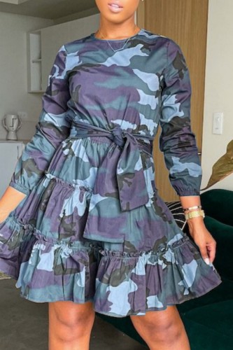 Blue Casual Camouflage Print Patchwork O Neck Long Sleeve Dresses