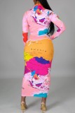 Rosa Casual Print Basic långärmade klänningar med turtleneck