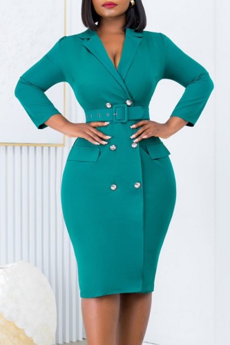 Green Casual Solid Patchwork With Belt Turndown Collar Long Sleeve Dresses
