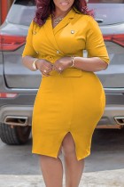 Желтые повседневные однотонные лоскутные платья-юбки с отложным воротником и запахом (с поясом)