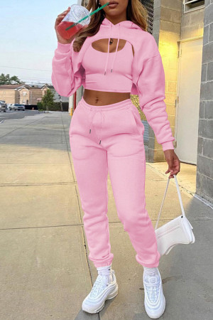 Pink Casual Solid Hollowed Out Hooded Collar Long Sleeve Three Piece Set