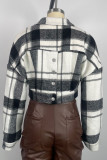 Casaco preto casual xadrez patchwork com fivela de bolso e gola aberta