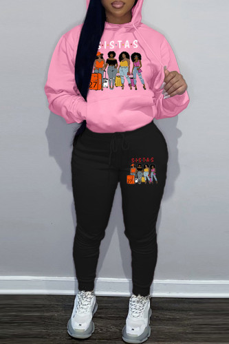 Pink Black Casual Figure Print Hooded Collar Long Sleeve Sweatshirt And Pants Sportwear Two Piece Jogger Set