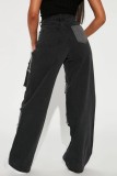 Черные повседневные джинсы в стиле пэчворк с контрастной высокой талией, обычные джинсы из денима