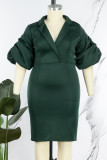 Чернильно-зеленая повседневная однотонная лоскутная юбка с V-образным вырезом и запахом Платья больших размеров