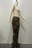 Camouflage Casual Zoete Camouflage Print Patchwork Zak Knopen Rits Skinny Mid Taille Conventionele Volledige Print Broek