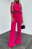 Pink Casual Print Solid Basic O Neck Half Sleeve Two Pieces
