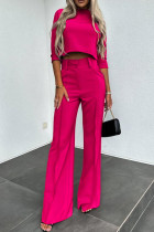Deep Pink Casual Print Solid Basic O Neck Half Sleeve Two Pieces