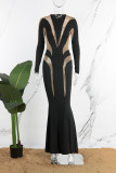 Zwarte sexy patchwork doorzichtige O-hals lange jurkjurken