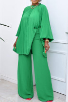 Зеленый элегантный однотонный лоскутный комплект из двух частей с круглым вырезом и длинным рукавом