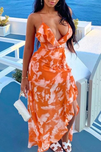 Orange Sexy Print Bandage Backless V Neck Sling Dress Dresses