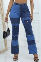 Blue Casual Patchwork Contrast High Waist Regular Baggy Wide Leg Cargo Denim Jeans