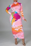 Pink Casual Print Basic Turtleneck Long Sleeve Dresses