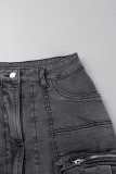 Black Street Solide Patchwork Poche Boutons Ouverture Haute Fermeture Éclair Taille Moyenne Jupes Droites En Jean
