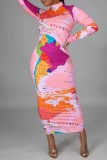 Розовые повседневные базовые платья-водолазки с длинным рукавом с принтом