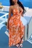 Vestidos laranja sexy com estampa bandagem sem costas com decote em V